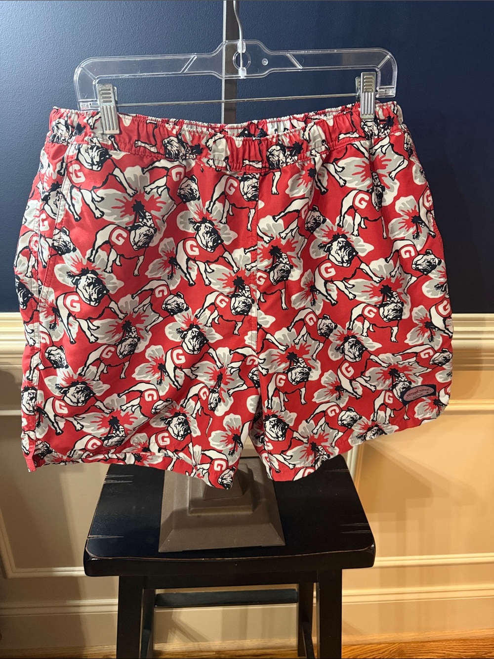 Vineyard Vines Red Floral Bulldog Print Swim Trunks-Georgia Bulldog Pattern